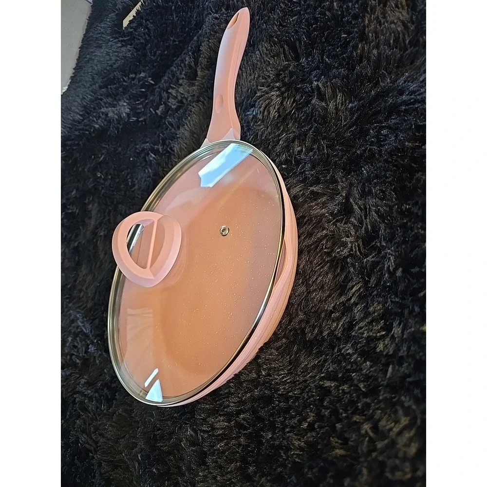 JEETEE 11 Inch Nonstick Frying Pan,‎ Stone Marble Coating With Lid Pink